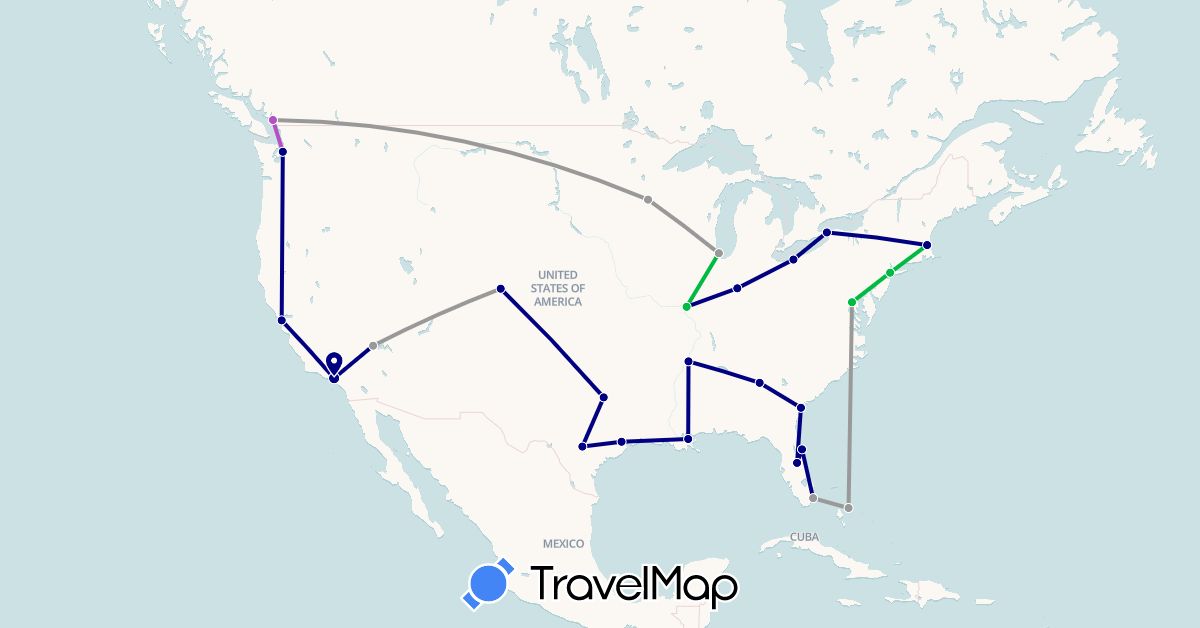 TravelMap itinerary: driving, bus, plane, train in Bahamas, Canada, United States (North America)